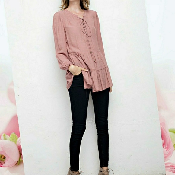 Boho Peasant Rose Tunic Top with Lace Up Neck - Picture 7 of 7